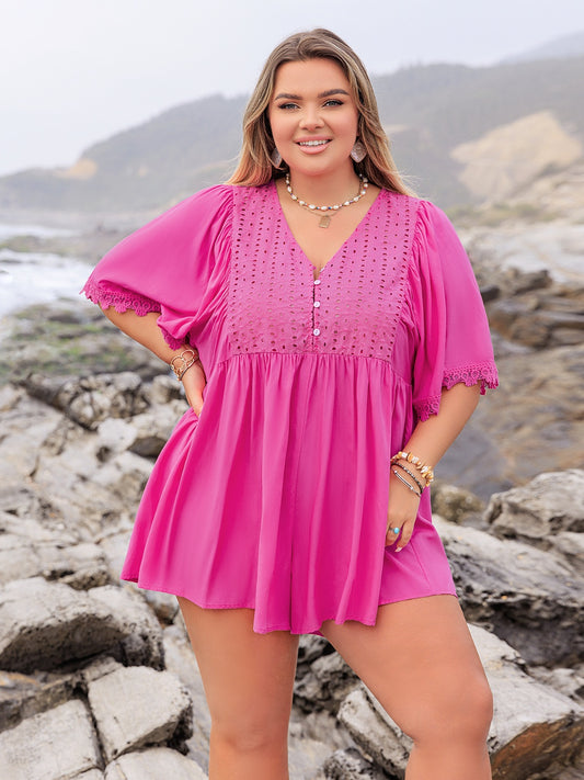 Plus Size Lace Detail V-Neck Half Sleeve Romper - Jsopretty.com