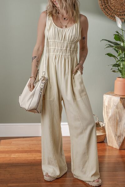 Ruched Sleeveless Wide Leg Jumpsuit - Jsopretty.com