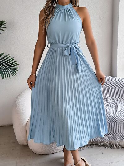 Grecian Neck Tie Waist Pleated Dress - Jsopretty.com