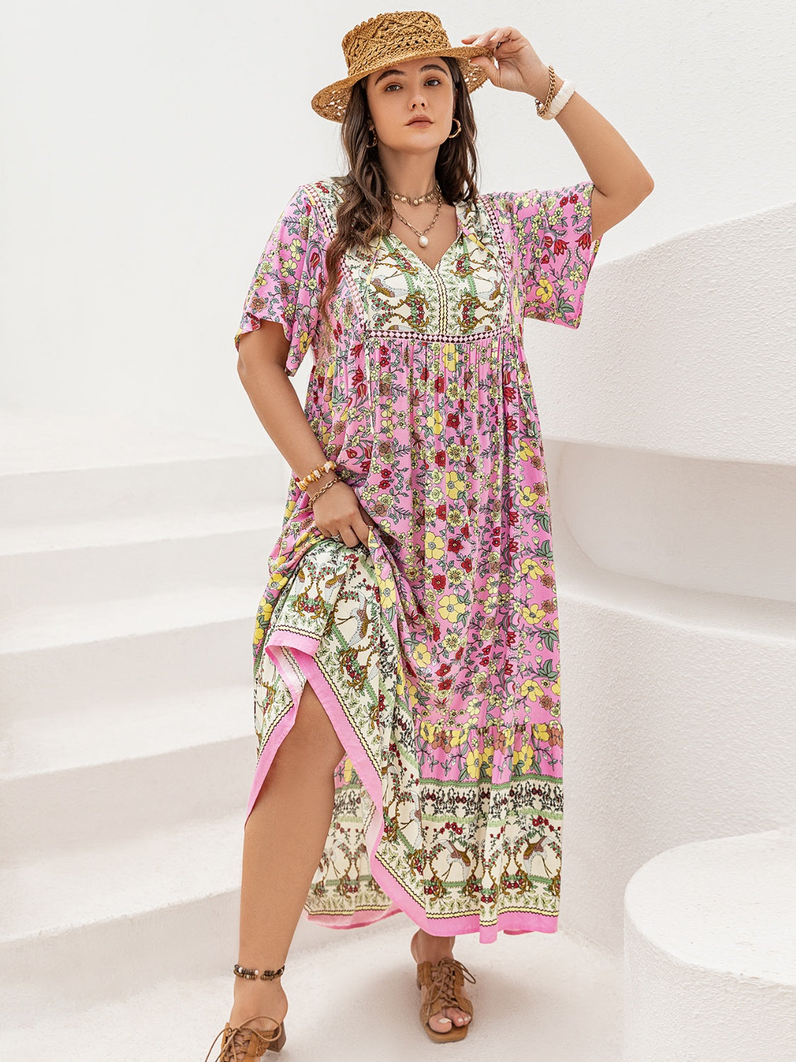 Plus Size Floral Tie Neck Flutter Sleeve Maxi Dress - Jsopretty.com