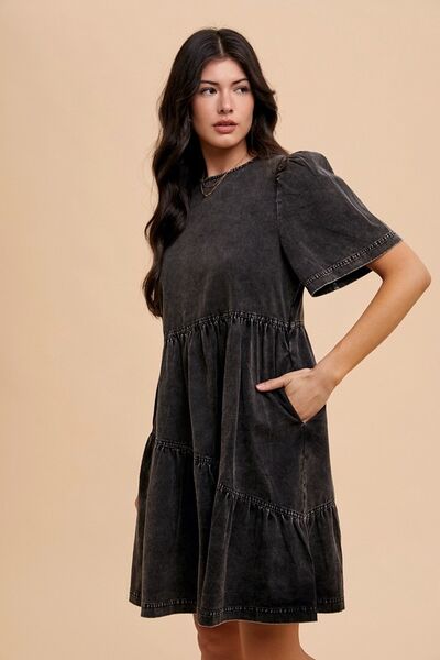 Annie Wear Mineral Washed Round Neck Short Sleeve Denim Dress - Jsopretty.com