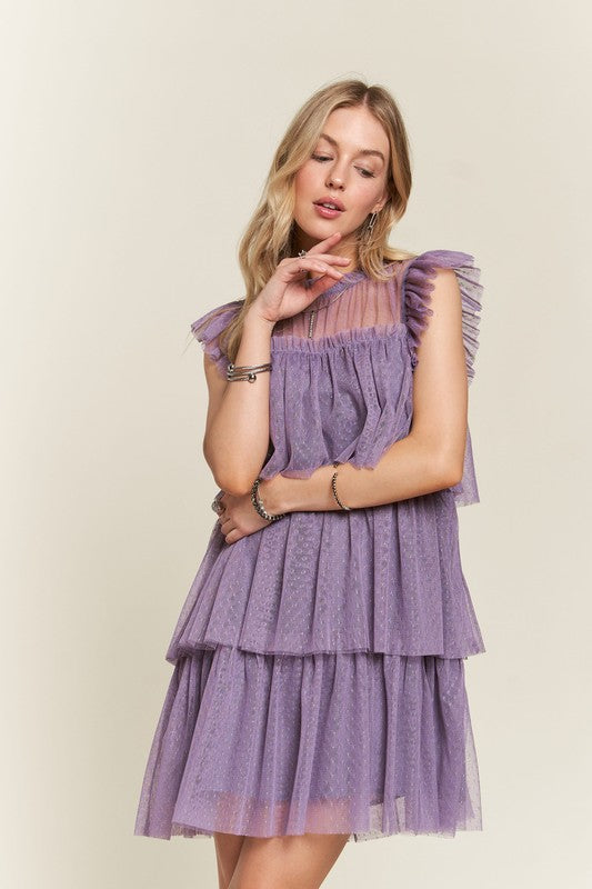 ADORA Layered Ruffled Cap Sleeve Mesh Dress - Jsopretty.com