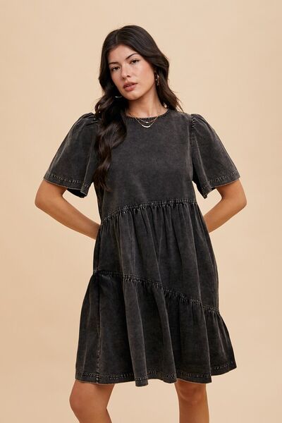 Annie Wear Mineral Washed Round Neck Short Sleeve Denim Dress - Jsopretty.com