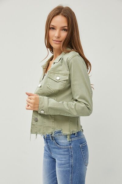 RISEN Full Size Raw Hem Button Up Cropped Denim Jacket Plus Size - Jsopretty.com