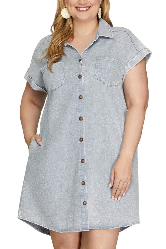 She + Sky Full Size Folded Cuff Button Down Washed Twill Shirt Dress Plus Size - Jsopretty.com