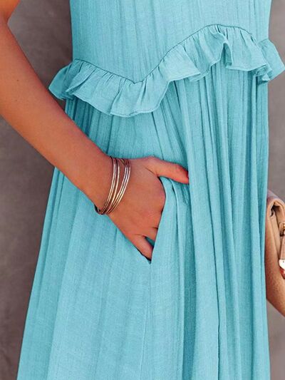 Ruffled Sleeveless Tiered Maxi Dress with Pockets - Jsopretty.com