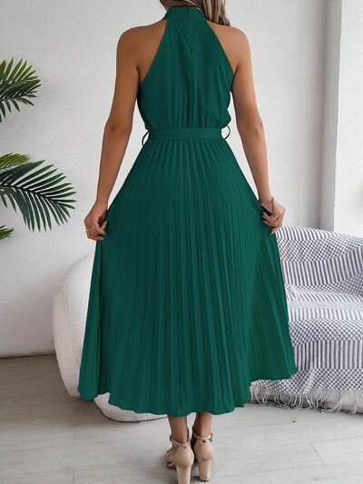 Grecian Neck Tie Waist Pleated Dress - Jsopretty.com