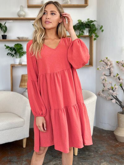 Double Take Full Size V-Neck Balloon Sleeve Tiered Dress with Pockets - Jsopretty.com