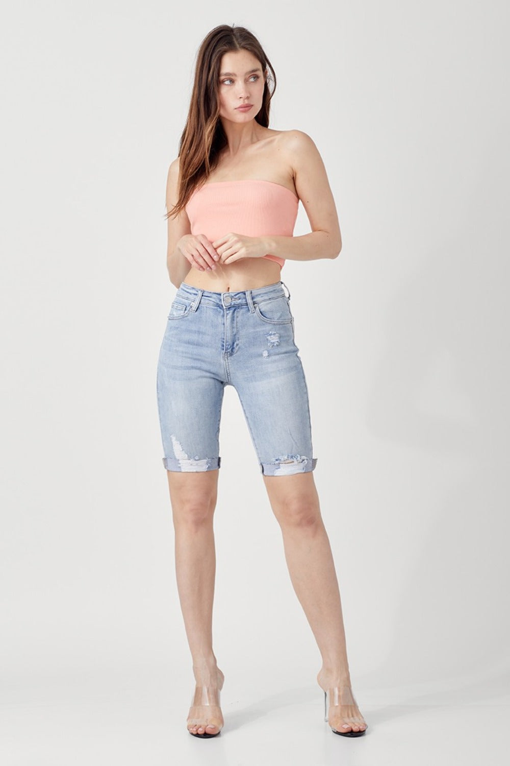 RISEN High Rise Distressed Denim Bermuda Shorts - Jsopretty.com