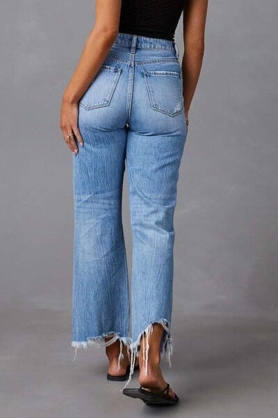 Distressed Raw Hem Jeans with Pockets - Jsopretty.com