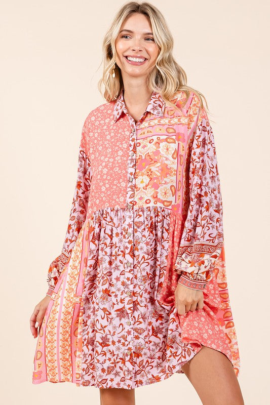 Mittoshop Floral Button Detail Long Sleeve Shirt Dress - Jsopretty.com