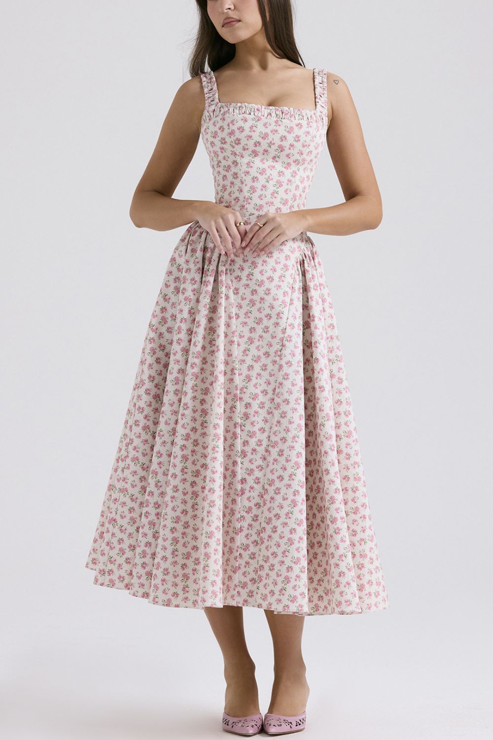 Floral Square Neck Wide Strap Midi Dress - Jsopretty.com