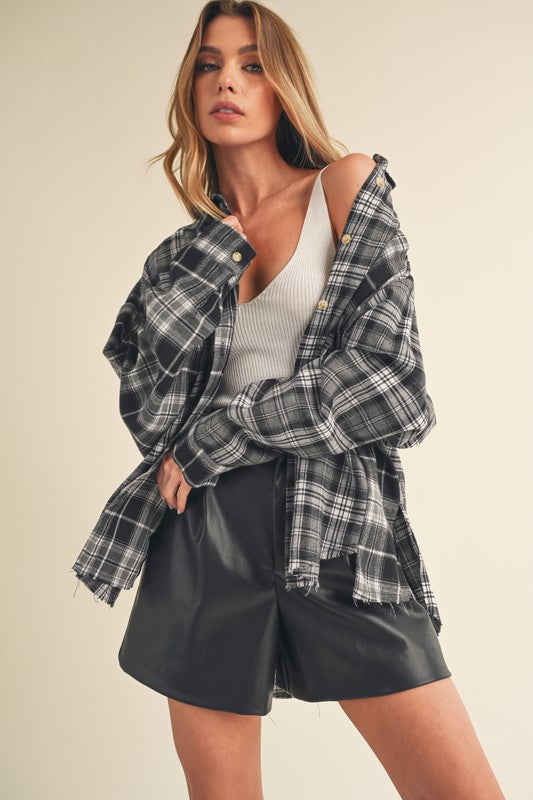 Aemi + Co Frayed Hem Plaid Button Up Flannel Shirt - Jsopretty.com