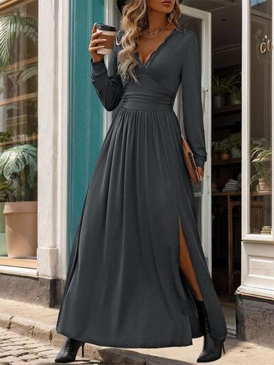 Perfee Lace Detail Slit V-Neck Long Sleeve Dress - Jsopretty.com