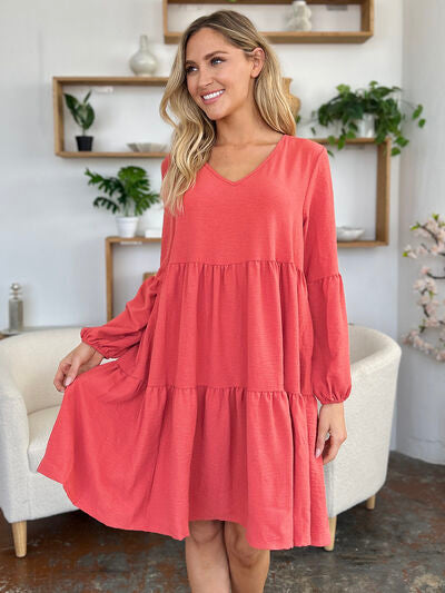 Double Take Full Size V-Neck Balloon Sleeve Tiered Dress with Pockets - Jsopretty.com