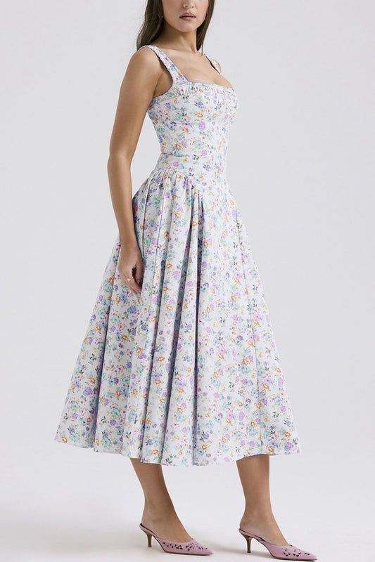 Floral Square Neck Wide Strap Midi Dress - Jsopretty.com