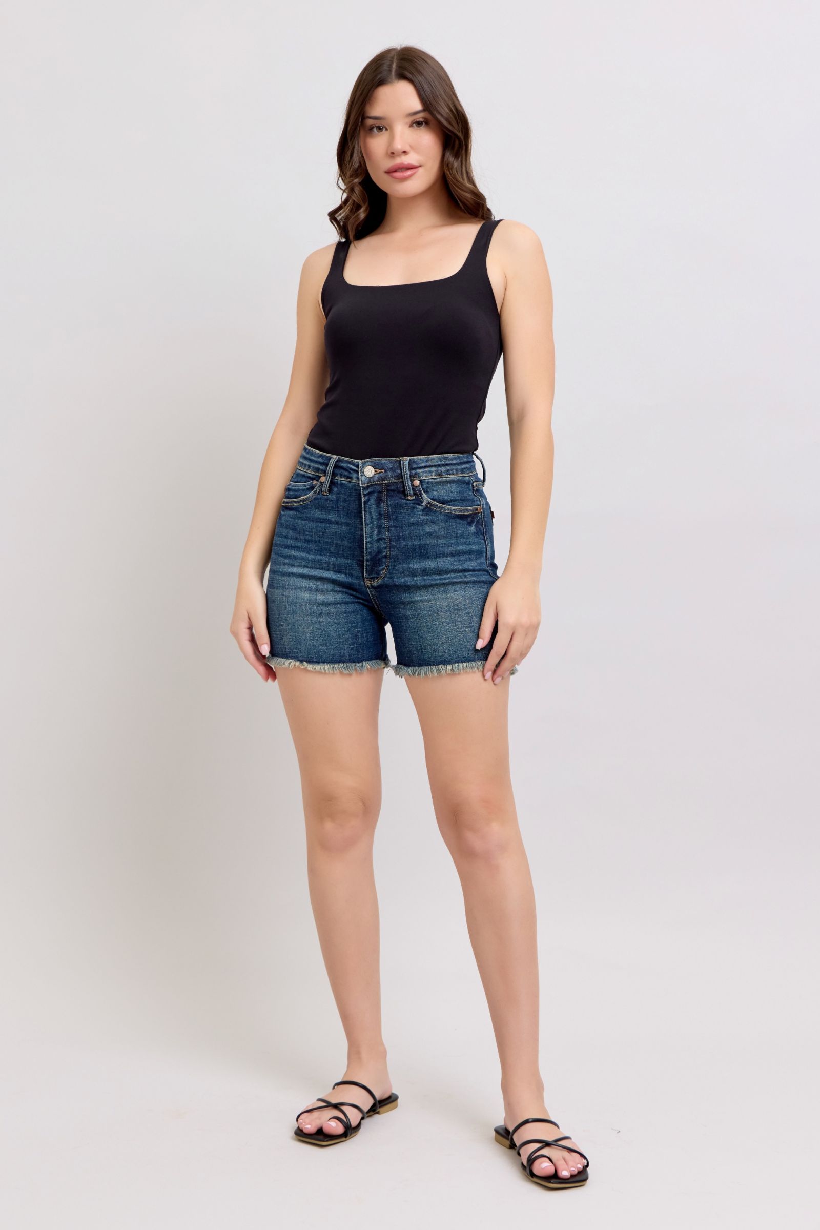 Judy Blue Tummy Control Fray Hem & Shield Back Pockets Denim Shorts - Jsopretty.com