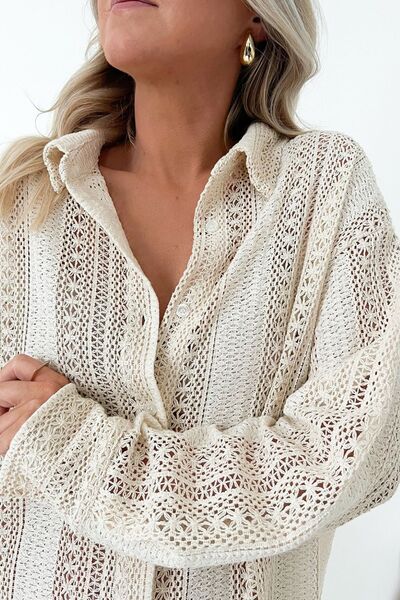 Lace Crochet Collared Neck Oversized Shirt - Jsopretty.com