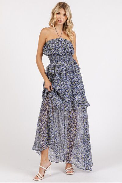 Mittoshop Ruffled Smocked Floral Halter Neck Maxi Dress - Jsopretty.com