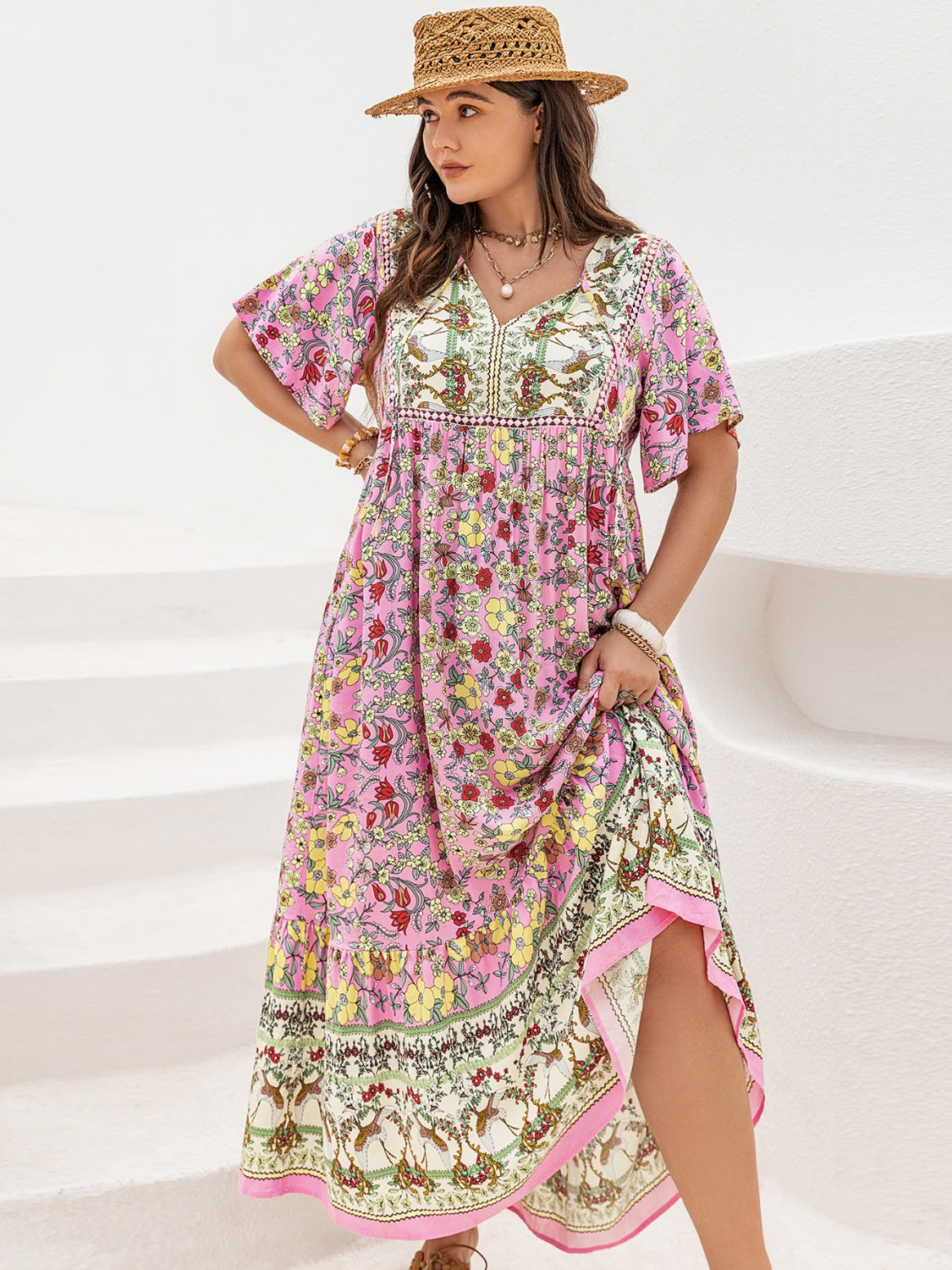 Plus Size Floral Tie Neck Flutter Sleeve Maxi Dress - Jsopretty.com