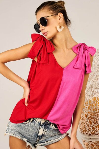 BiBi Shoulder Ribbon Tied Contrast Tank - Jsopretty.com