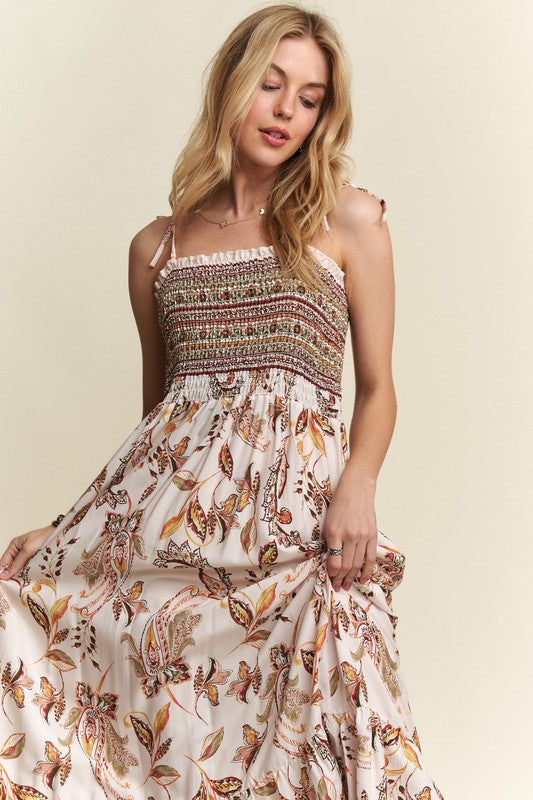 ADORA Smocked Printed Square Neck Tie Shoulder Cami Dress - Jsopretty.com