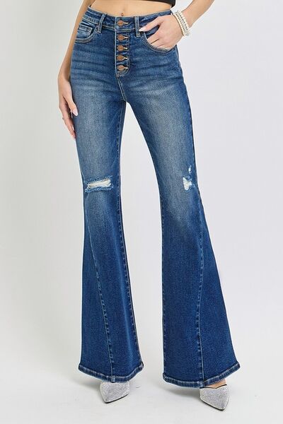 RISEN Distressed Button-Fly Flare Jeans - Jsopretty.com