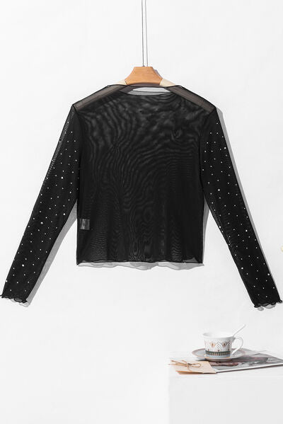 Rhinestone Sheer Mesh Mock Neck Long Sleeve Top - Jsopretty.com