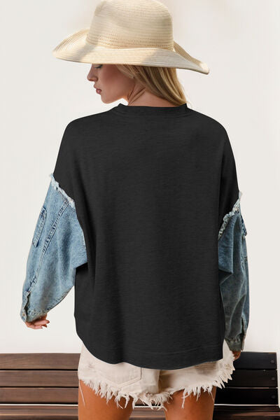 Double Take Raw Edge Star Contrast Sweatshirt - Jsopretty.com