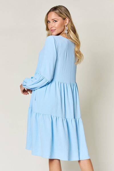 Double Take Full Size V-Neck Balloon Sleeve Tiered Dress with Pockets - Jsopretty.com