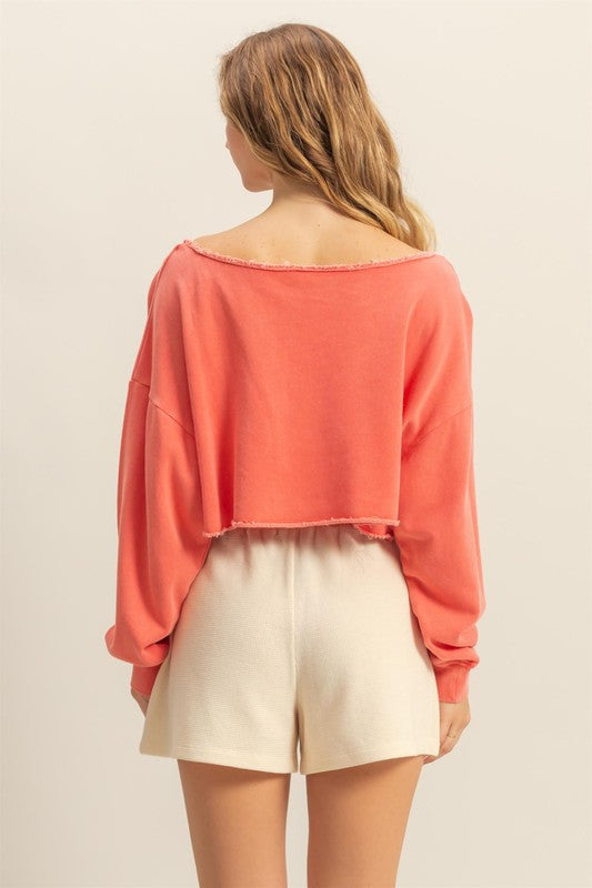 HYFVE Frayed Detail Boat Neck Long Sleeve Crop Top - Jsopretty.com