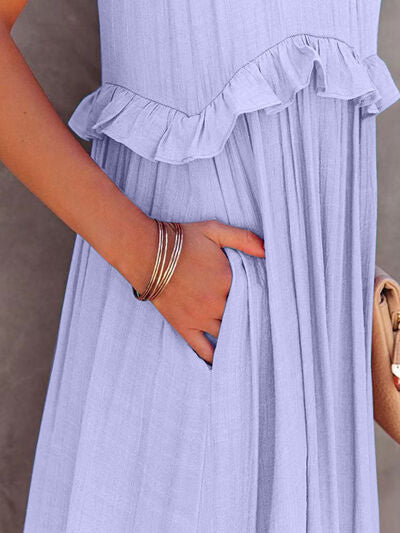 Ruffled Sleeveless Tiered Maxi Dress with Pockets - Jsopretty.com