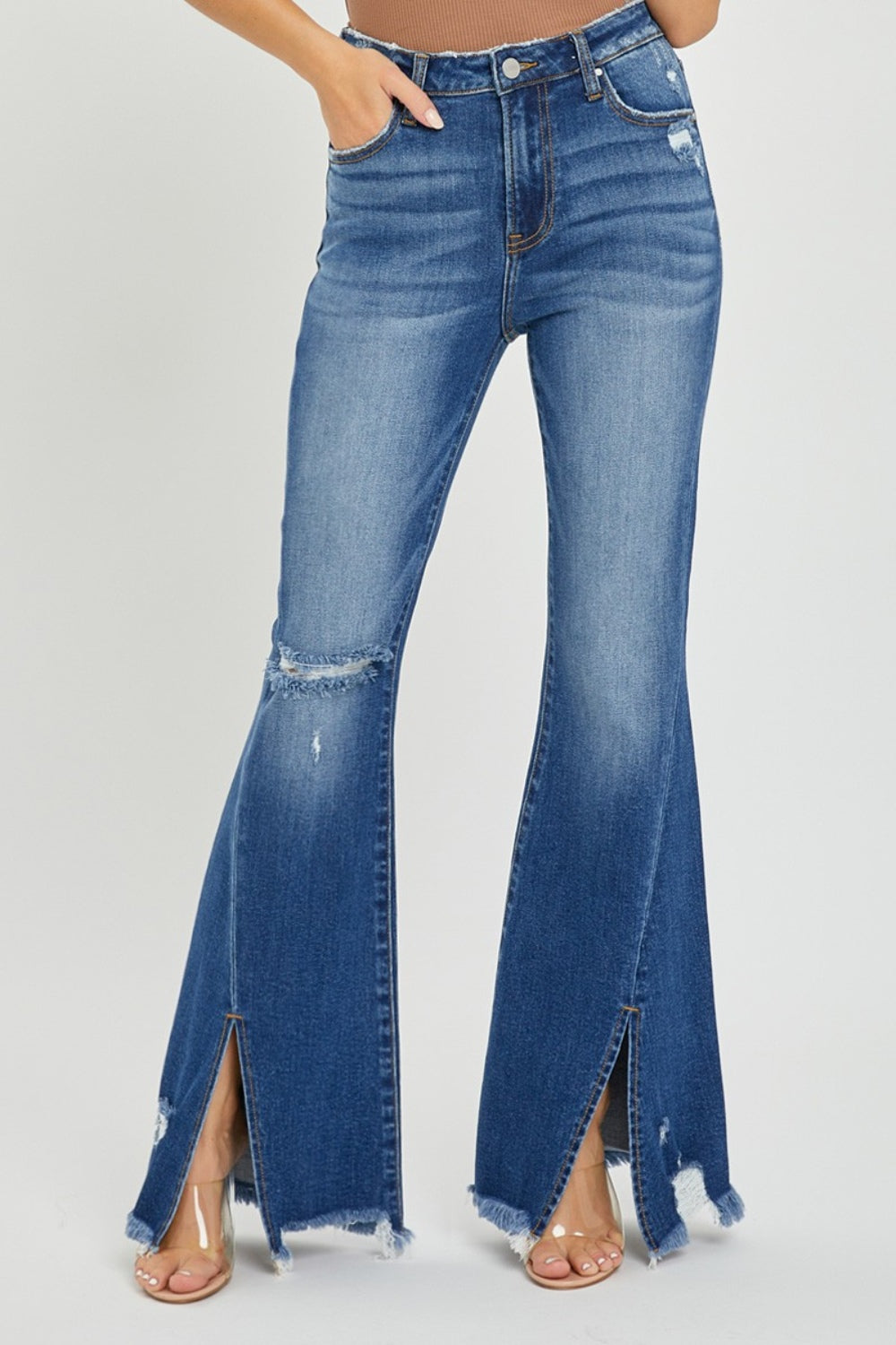 RISEN Full Size High Rise Front Slit Frayed Hem Flare Jeans - Jsopretty.com