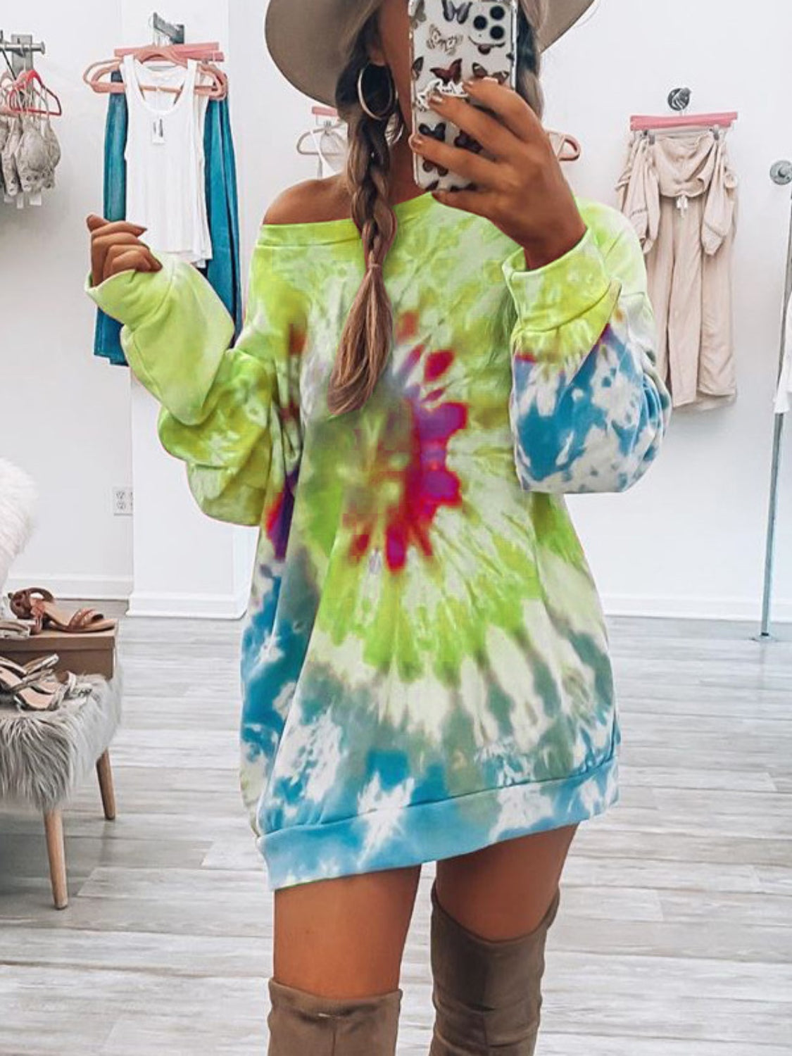 Full Size Tie-Dye Round Neck Long Sleeve Dress - Jsopretty.com