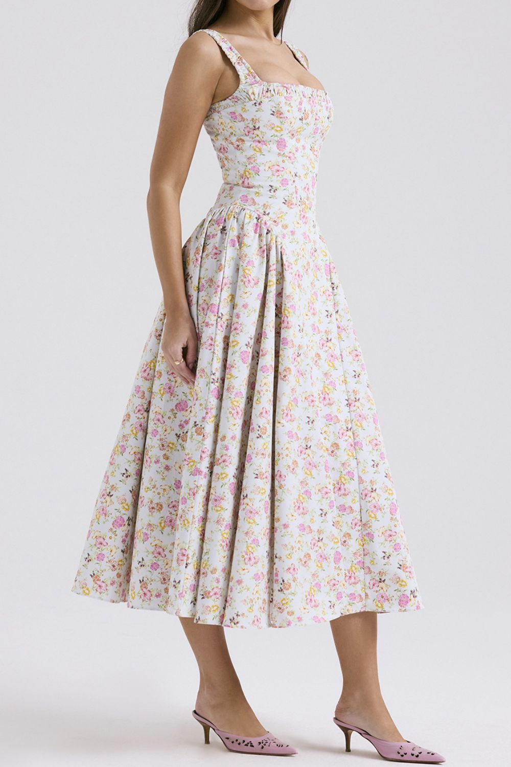 Floral Square Neck Wide Strap Midi Dress - Jsopretty.com