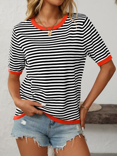 Mandy Striped Round Neck Half Sleeve Knit Top - Jsopretty.com