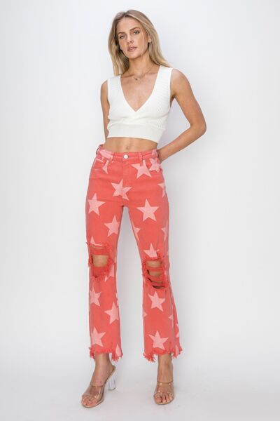 RISEN Full Size Distressed Raw Hem Star Pattern Jeans - Jsopretty.com