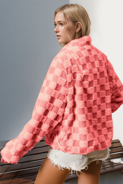 Double Take Checkered Long Sleeve Fuzzy Jacket - Jsopretty.com