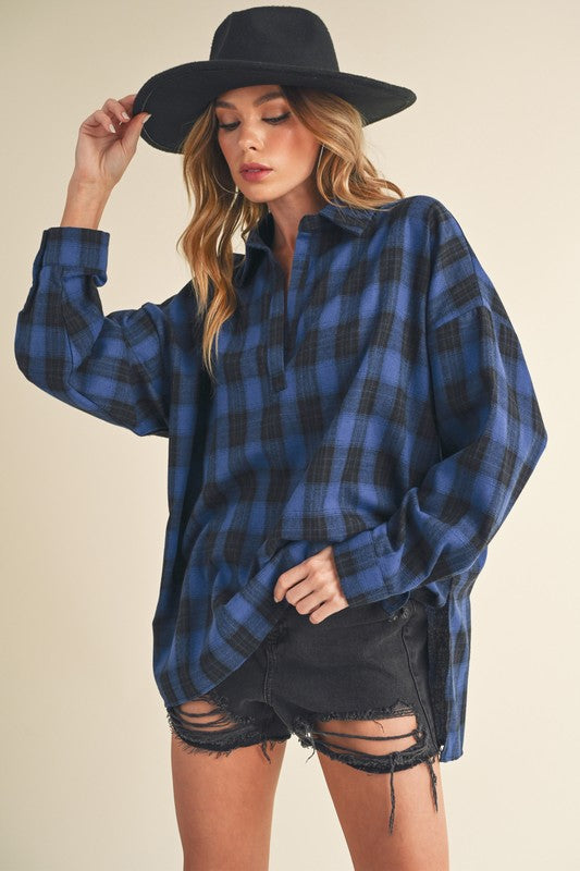 Aemi + Co Side Slit High-Low Plaid Long Sleeve Polo Shirt - Jsopretty.com