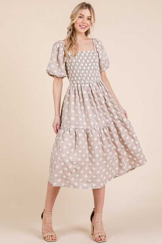 GeeGee Floral Embroidered Smocked Puff Sleeve Tiered Midi Dress - Jsopretty.com