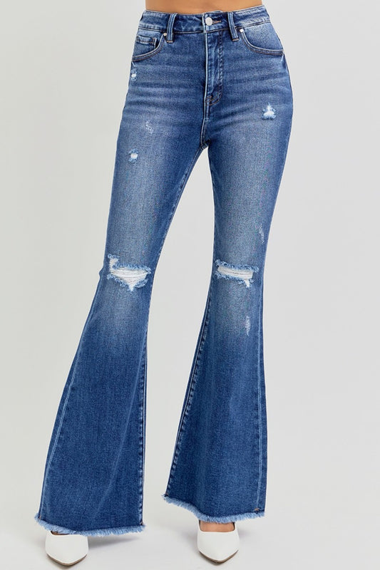 RISEN Full Size High Rise Distressed Raw Hem Flare Jeans - Jsopretty.com