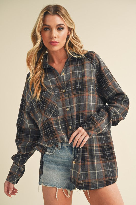 Aemi + Co Flannel Plaid Button Up Raglan Sleeve Shirt - Jsopretty.com