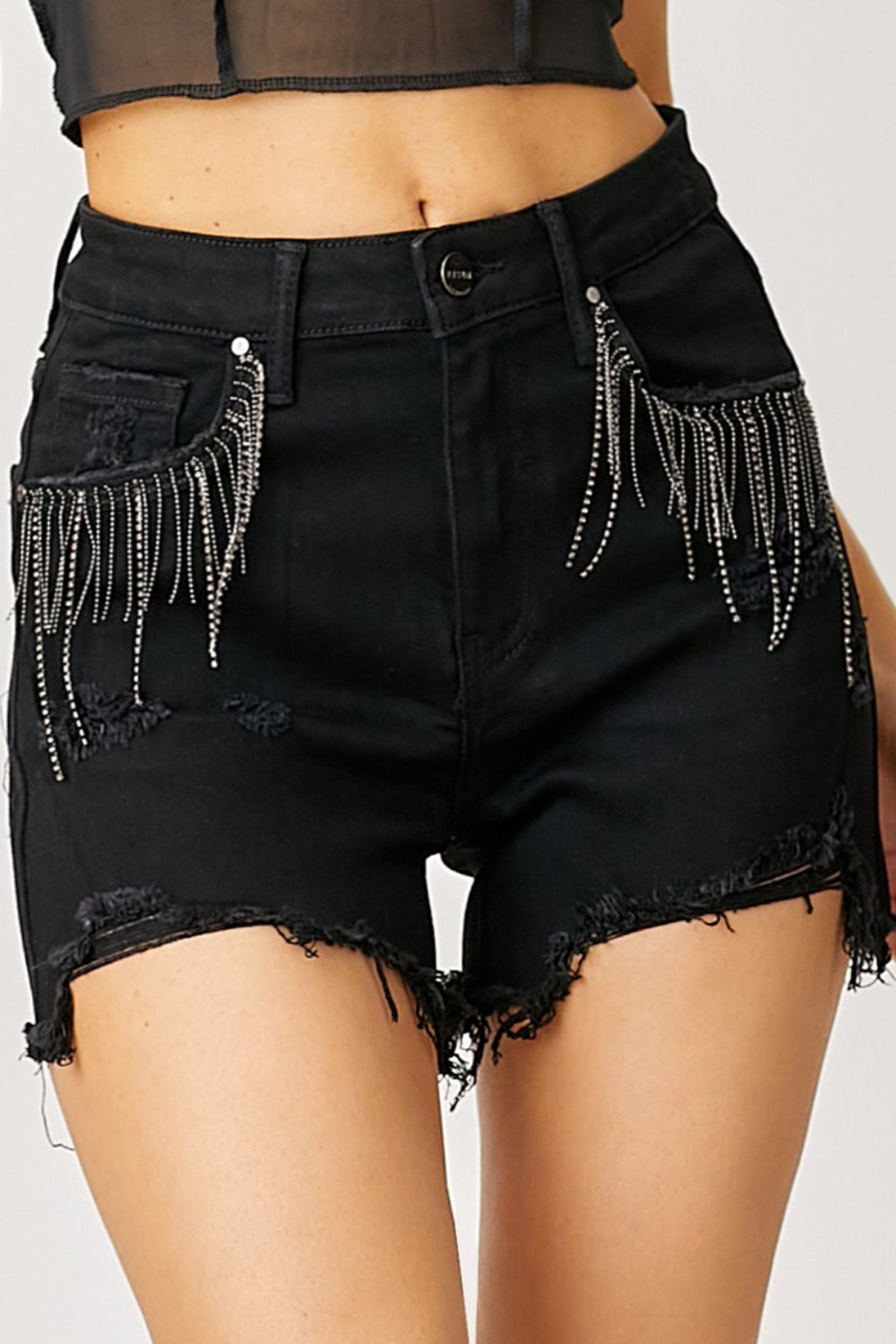 RISEN Frayed Hem Denim Shorts with Fringe Detail Pockets - Jsopretty.com