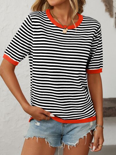 Mandy Striped Round Neck Half Sleeve Knit Top - Jsopretty.com