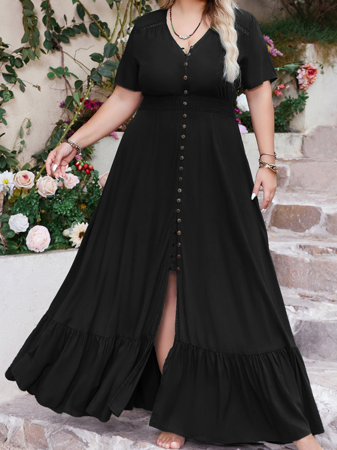 Plus Size Ruffled Hem Button Down V-Neck Short Sleeve Maxi Dress - Jsopretty.com