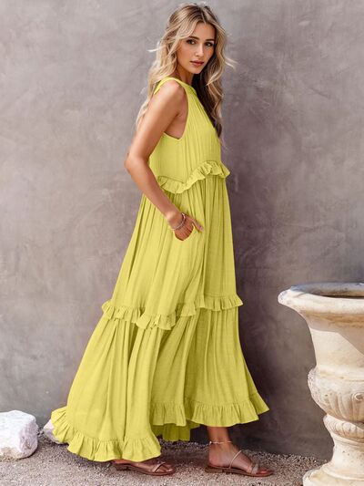 Ruffled Sleeveless Tiered Maxi Dress with Pockets - Jsopretty.com