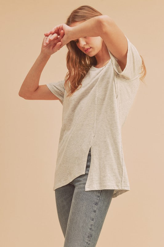 Aemi + Co Asymmetrical Front Slit Round Neck Raglan Sleeve T-Shirt - Jsopretty.com