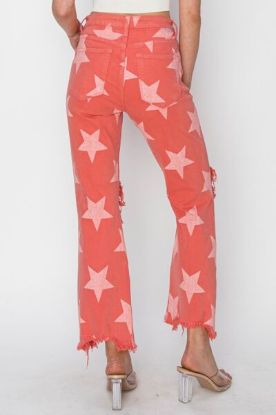 RISEN Full Size Distressed Raw Hem Star Pattern Jeans - Jsopretty.com