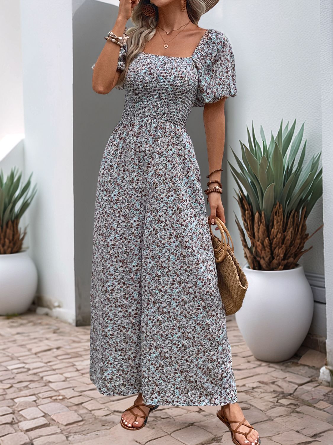 Perfee Ditsy Floral Smocked Square Neck Puff Sleeve Jumpsuit - Jsopretty.com