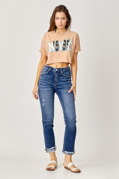 Risen Full Size High-Rise Frayed Cuffed Straight Jeans - Jsopretty.com